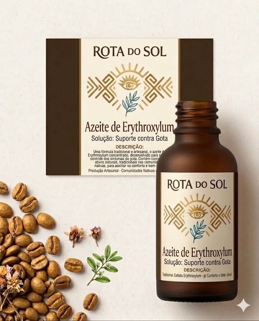 Frasco âmbar e caixa do Azeite de Erythroxylum sobre grãos de café e flores secas